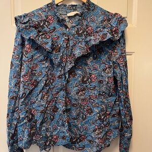 LOFT Blue Ruffled Long Sleeve Blouse